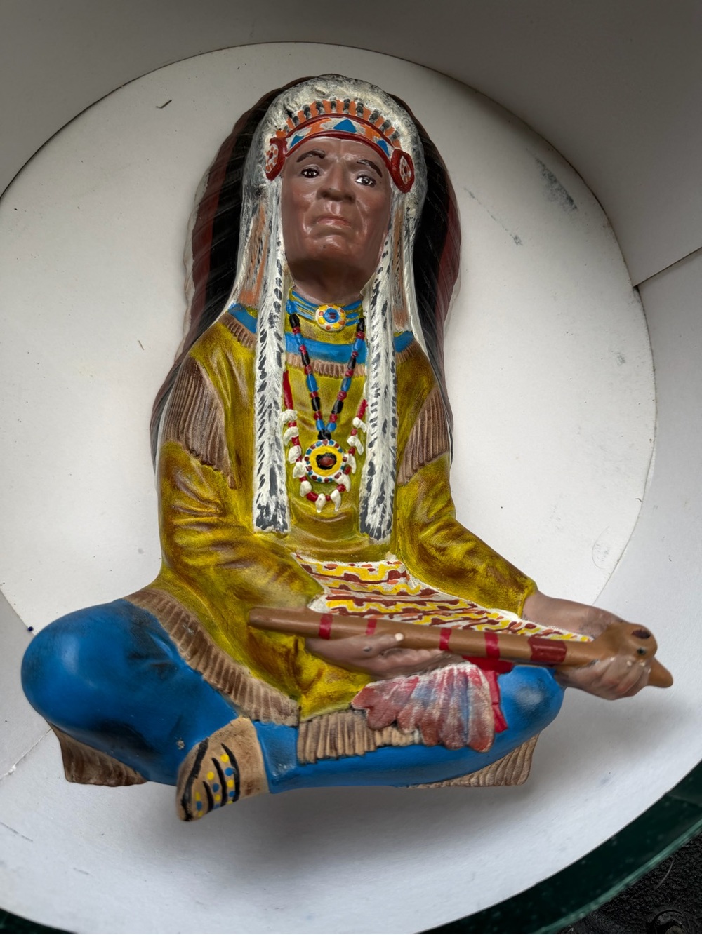 Hand-Painted Native American Chief Figurine Wall Art - Yellow & Blue